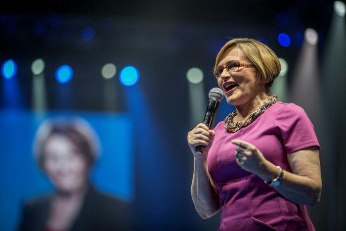 Leader of South Africa's largest opposition party Democratic Alliance (DA) Helen Zille addresses a campaign rally in Johannesburg on May 3, 2014