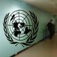The United Nations logo is displayed on a door at U.N. headquarters in New York February 26, 2011. REUTERS/ Joshua Lott