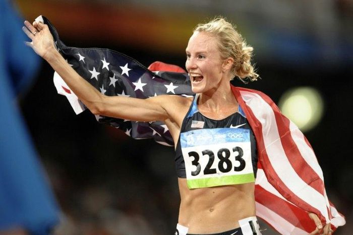 Shalane Flanagan of the US celebrates after the women's 10,000m race at the 2008 Beijing Olympic Games
