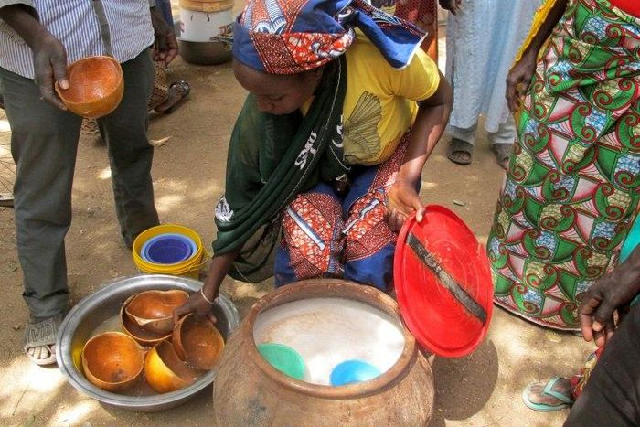 A photo taken on February 23, 2017 shows a woman selling bil-bil, a homemade brew made from millet, sorghum or corn, in Mazogo, in the extreme north of Cameroon