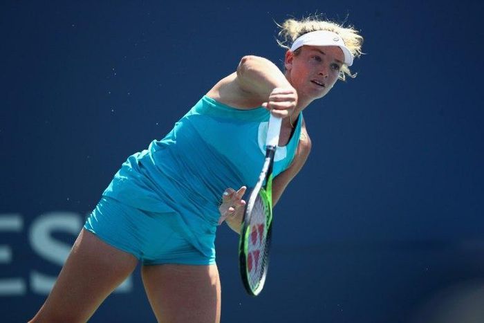 CoCo Vandeweghe serves to Catherine Bellis on August 5, 2017 in Stanford, California
