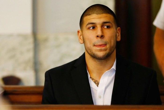 Aaron Hernandez sitting in the courtroom of the Attleboro District Court during his hearing in North Attleboro, Massachusetts in August 2013