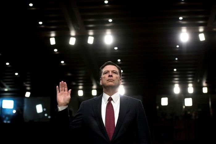 Ousted FBI director James Comey is sworn in during a hearing before the Senate Select Committee on Intelligence on June 8, 2017