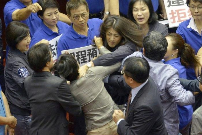 The Taiwan lawmakers' brawl was broken up by about dozen people