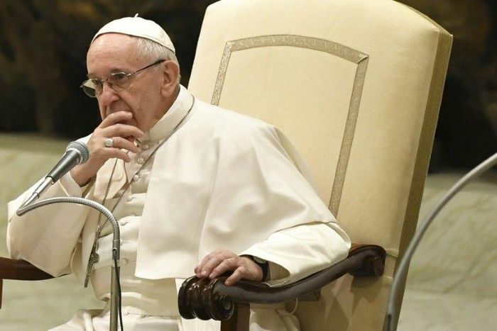 Pope Francis looks on during a general audience at the Paul VI Audience Hall at the Vatican on February 8, 2017