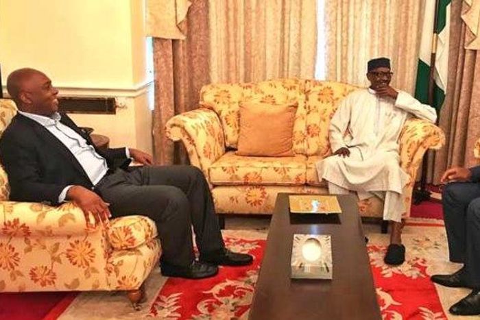 President Muhammadu Buhari receives the Senate President, Bukola Saraki and the Speaker of the House of Reps, Yakubu Dogara, in London on Thursday, August 17.