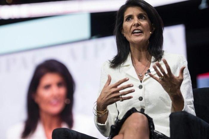 US Ambassador to the United Nations Nikki Haley addresses the American Israel Public Affairs Committee (AIPAC) policy conference