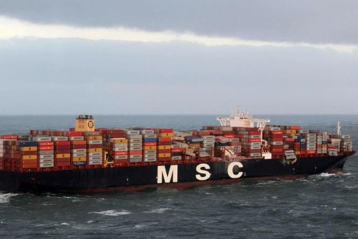 A Dutch maritime emergencies services aerial photo shows the MSC ZOE, which was headed for Bremerhaven in norhtern Germany after losing up to 270 containers, including three with potential hazardous material, in a North Sea storm