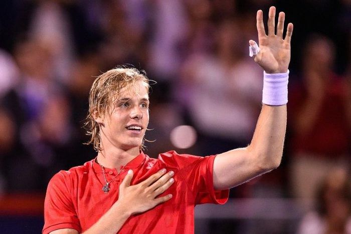 Denis Shapovalov of Canada celebrates his victory over Rafael Nadal of Spain on day seven of the Rogers Cup in Montreal, Quebec, Canada