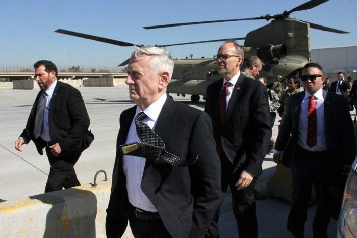 US Defence Secretary James Mattis (centre) arrives in the Iraqi capital Baghdad, on February 20, 2017