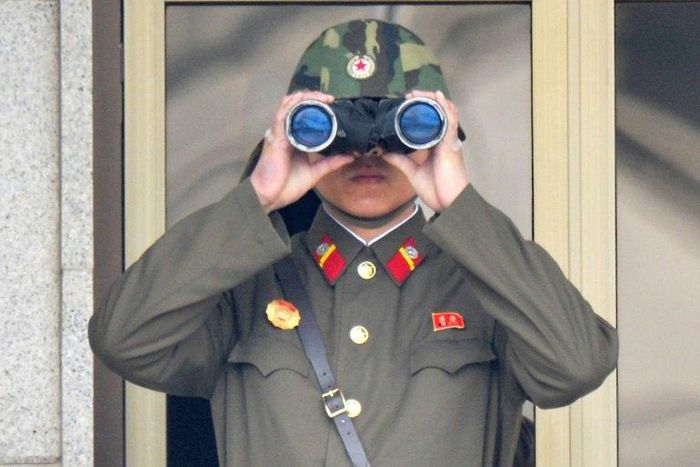 A North Korean soldier at the truce village of Panmunjom in the demilitarised zone that divides the Korean peninsula
