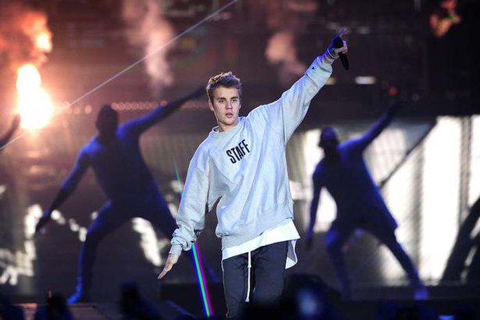 Justin Bieber, performing at the Manchester Arena.