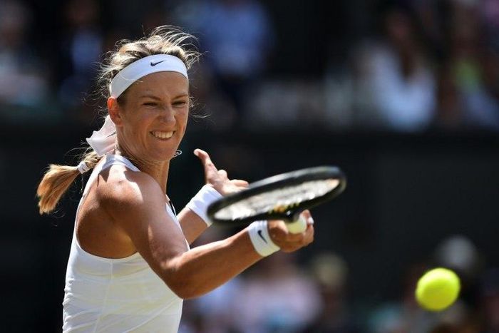 Victoria Azarenka in action against Heather Watson during their third round match at Wimbledon on July 7, 2017
