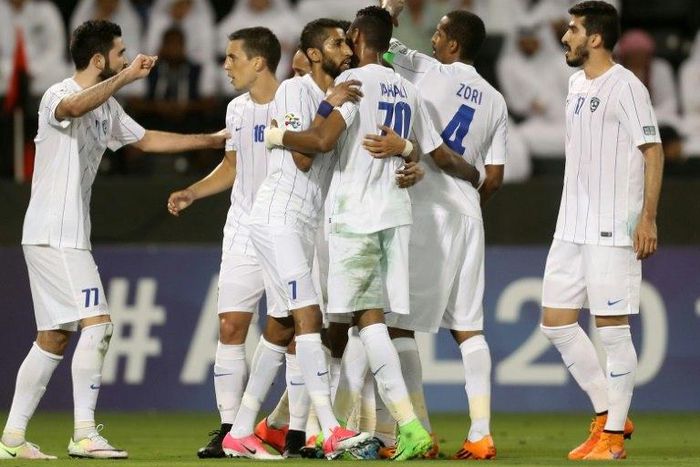 Al Hilal's players celebrate during an AFC Champions League match against Qatar's Al Rayyan in Doha on May 8, 2017