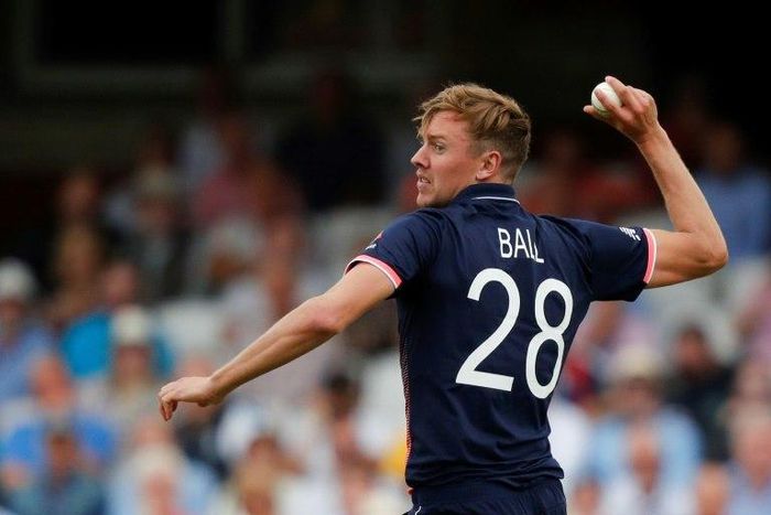 England bowler Jake Ball fields during the ICC Champions Trophy cricket match between England and Bangladesh at The Oval in London on June 1, 2017