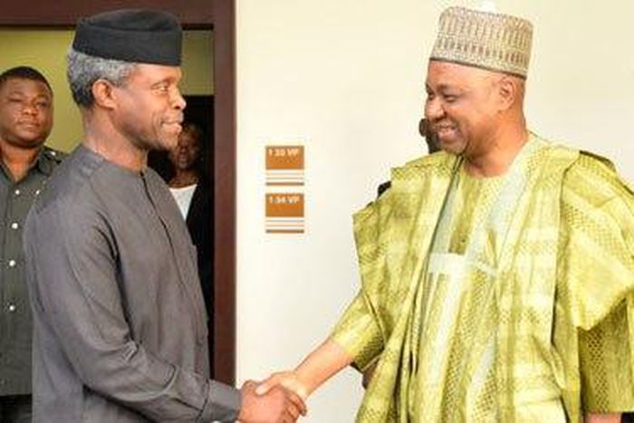 Acting President Yemi Osinbajo (left) and former Vice President Namadi Sambo at the Presidential Villa, Abuja on Wednesday, May 10, 2017.