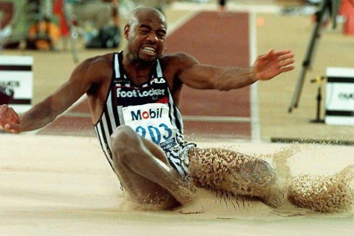 Mike Powell, seen here in 1996, owns the world record after an 8.95 metre jump in 1991