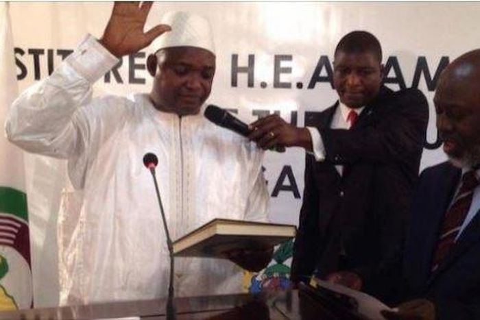 Adama Barrow being sworn-in as The Gambia president in Dakar, Senegal