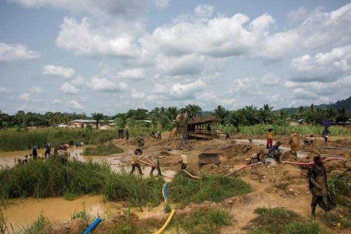 A group of Galamseyers, or illegal gold panners, working in Ghana's Kibi region