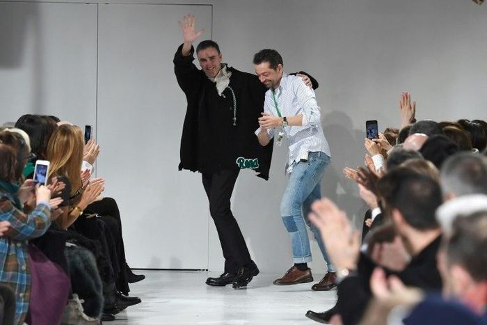 Designers Raf Simons (L) and Pieter Mulier walk the runway at the Calvin Klein show at New York Fashion Week on February 10, 2017