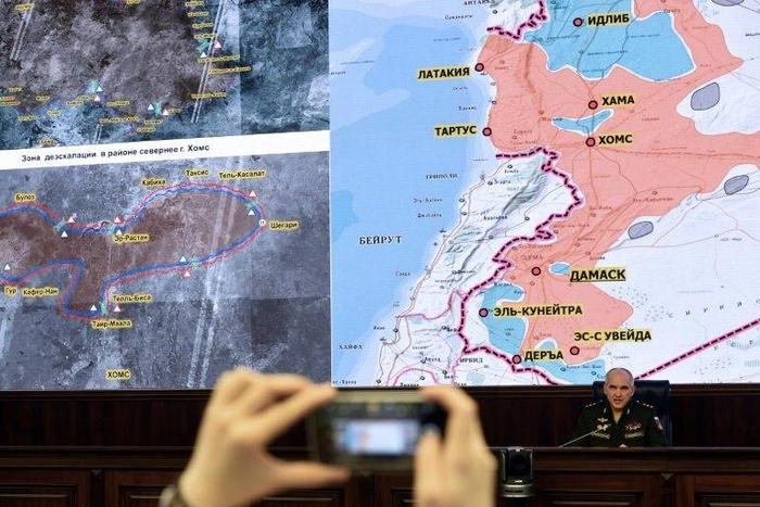 Senior commander Sergei Rudskoi, pictured in May 2017, said Russian forces had set up checkpoints and observation posts around a zone in the south-west and in another covering Eastern Ghouta, near Damascus