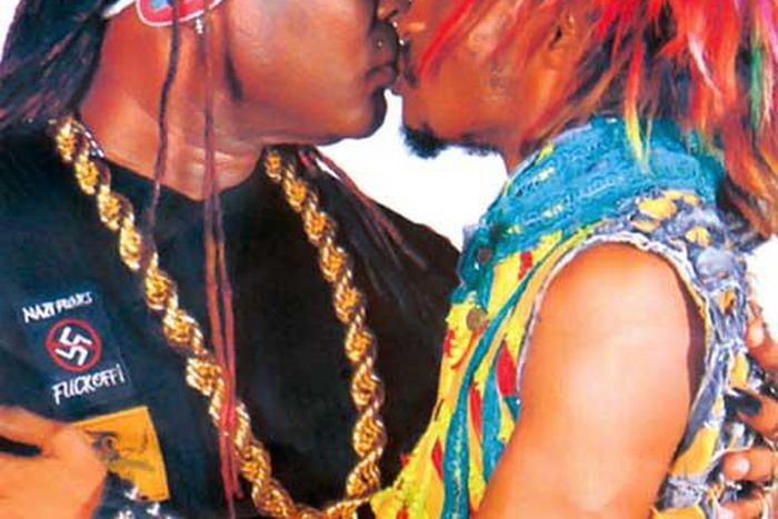 Charly Boy and Denrele kissing