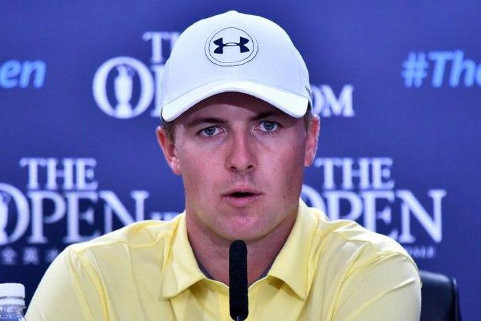 US golfer Jordan Spieth speaks to members of the media at a press conference at Royal Birkdale golf course near Southport in north west England on July 18, 2017, ahead of the 146th Open Golf Championship