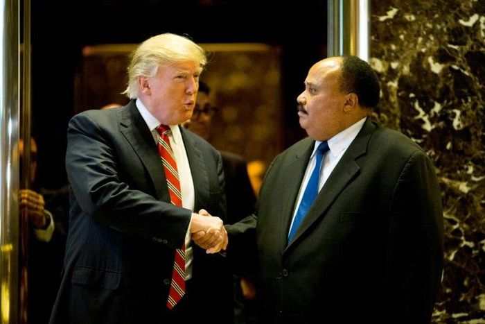 US President-elect Donald Trump shakes hands with Martin Luther King III after a meeting at Trump Tower in New York City