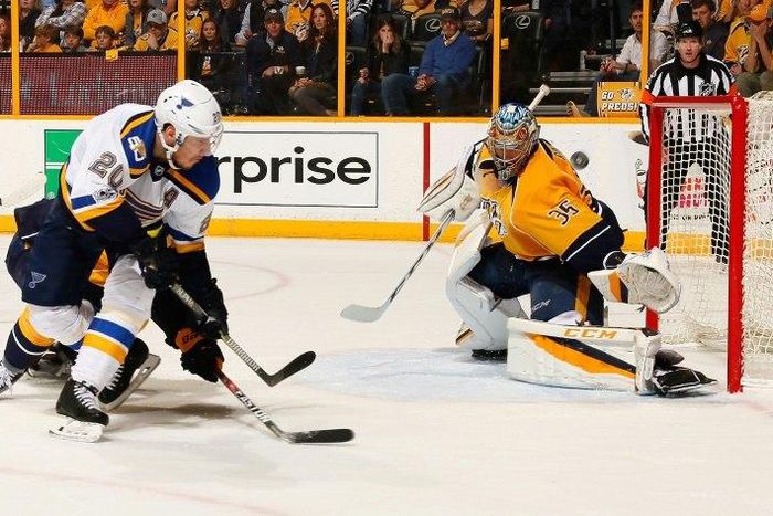 Goalie Pekka Rinne of the Nashville Predators makes a save on a shot by Alexander Steen of the St. Louis Blues in the second period of Game Six of the Western Conference Second Round during the 2017 NHL Stanley Cup Playoffs on May 7, 2017