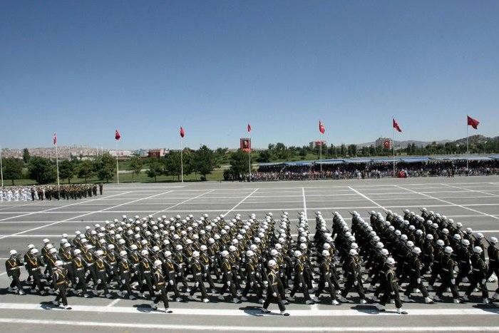 Turkish soldiers march during a military parade in Ankara