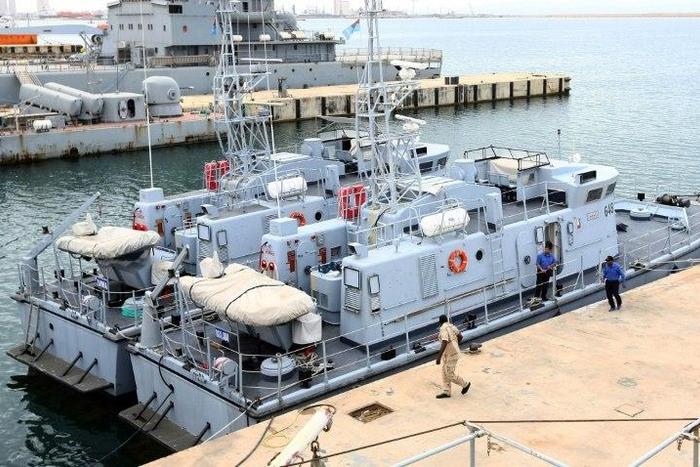 Two of the four Libyan Coast Guard ships are docked in the harbour of the capital Tripoli, following their return after undergoing maintenance in Italy on May 15, 2017