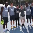 John Bradley-West and Joe Dempsie with Paul Pogba and Manchester United players