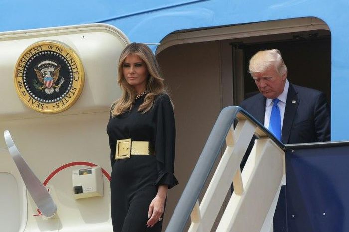 US President Donald Trump and First Lady Melania Trump step off Air Force One upon arrival at King Khalid International Airport in Riyadh on May 20, 2017