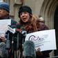 Patricia Gallagher Marchant (R), a victim of clergy abuse, speaks outside the Archdiocese of Chicago