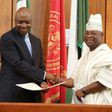Senate President Bukola Saraki welcoming Senator Ademola Adeleke to the National Assembly on Wednesday, July 12, 2017