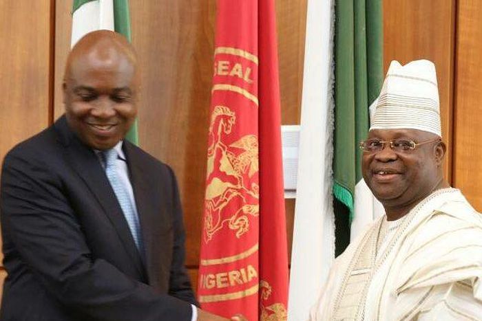 Senate President Bukola Saraki welcoming Senator Ademola Adeleke to the National Assembly on Wednesday, July 12, 2017