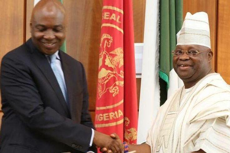 Senate President Bukola Saraki welcoming Senator Ademola Adeleke to the National Assembly on Wednesday, July 12, 2017
