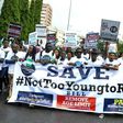 About 500 protesters in Nigeria, wearing white T-shirts and brandishing placards proclaiming "#NotTooYoungToRun", marched two kilometres to the National Assembly