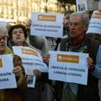 Members of the "HazteOir" ("Make yourself heard") association protest in Madrid on March 1, 2017 against the immobilisation by the police of their anti-transgender propaganda bus