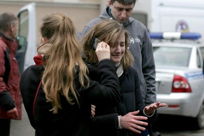 There were tearful scenes outside the Technological Institute metro station in Saint Petersburg after 10 people died in a suspected 'act of terror'