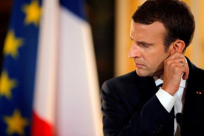 French President Emmanuel Macron pictured during a joint press conference with Israel's Prime Minister at the Elysee Palace in Paris, on July 16, 2017