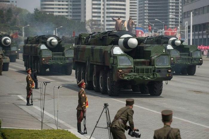 This picture taken on April 15, 2017 shows an unidentified rocket, reported to be a Hwasong-type missile similar to the one used in a May 14, 2017 test launch, at a military parade in Pyongyang