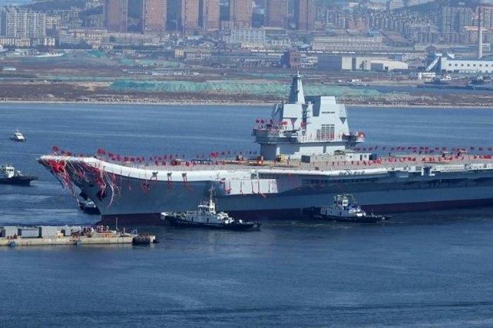 China's second aircraft carrier, Type 001A, is launched during a ceremony at the Dalian shipyards on April 26, 2017