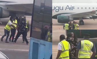 Airport officials dragging an unruly passenger off an Enugu Air flight, echoing past controversies involving KWAM 1 and Comfort Emmanson. [X, formerly Twitter/@001Xtasy]