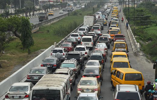 Motorist in traffic gridlock following the discovery of contaminated fuel in supply in filling stations across the country, especially in Lagos, Nigeria's commercial hub on February 9, 2022. (Photo by PIUS UTOMI EKPEI/AFP via Getty Images)