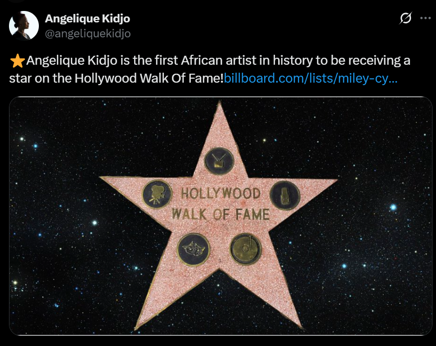 Angelique Kidjo becomes the first African artist to receive a Star on Hollywood Walk Of Fame