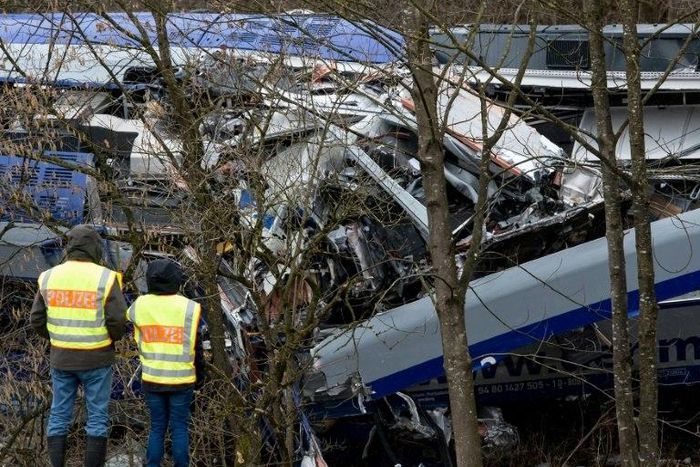 German police inspect the site of a train accident near Bad Aibling in February 2016