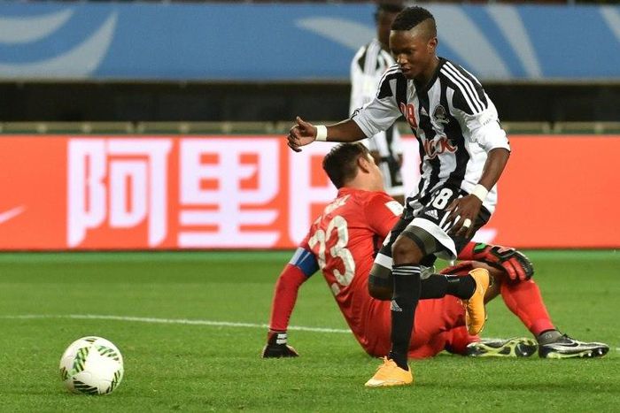 TP Mazembe player Kalaba (front) has netted six times in the Confederation Cup this season, making him joint leading scorer with Arsenio 'Love' Cabungula