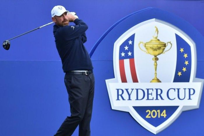 Thomas Bjorn of Denmark tees off at the first hole during a practice session in Gleneagles, Scotland, on September 25, 2014