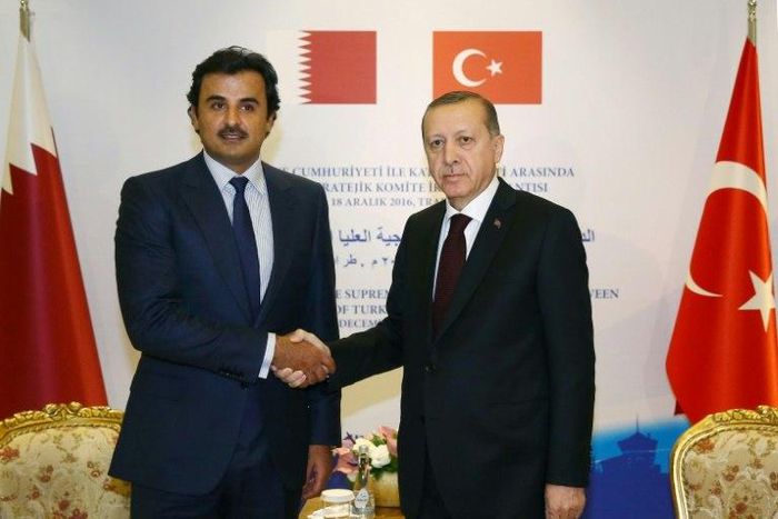 Turkish President Recep Tayyip Erdogan (R) and Emir of Qatar Sheikh Tamim bin Hamad Al Thani shake hands during their meeting